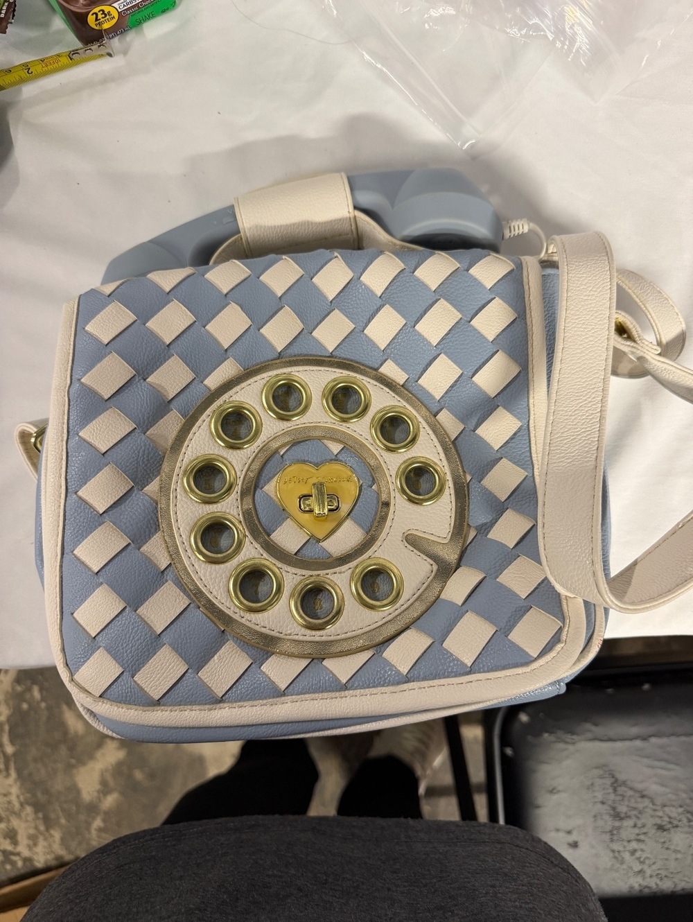 Betsey Johnson Blue and White Vintage Telephone Design Crossbody Messenger Bag